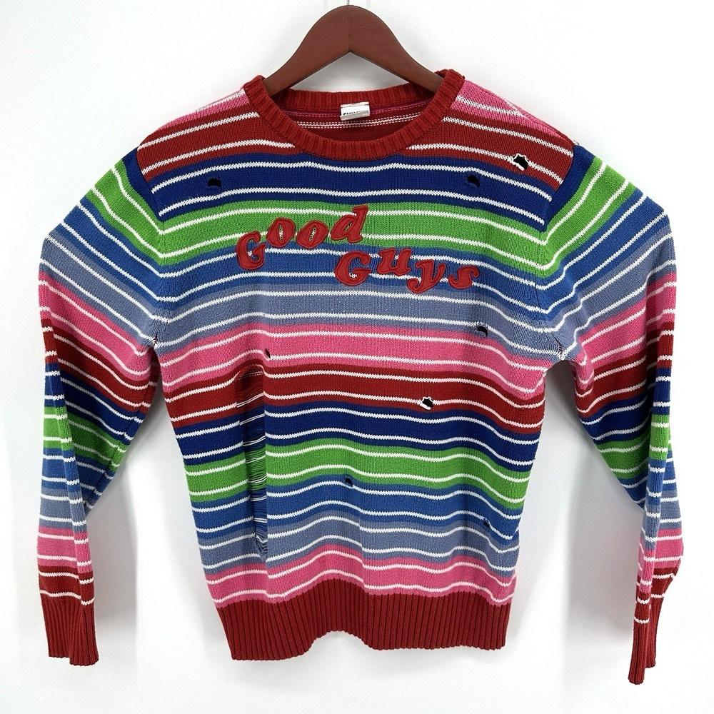 Chucky Good Guys Sweater Adult L Multicolor Striped Distressed Knit Horror Movie